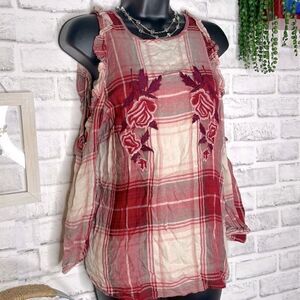 Blue Rain Cold Shoulder Flannel Plaid Shirt Floral Embroidery Size XS